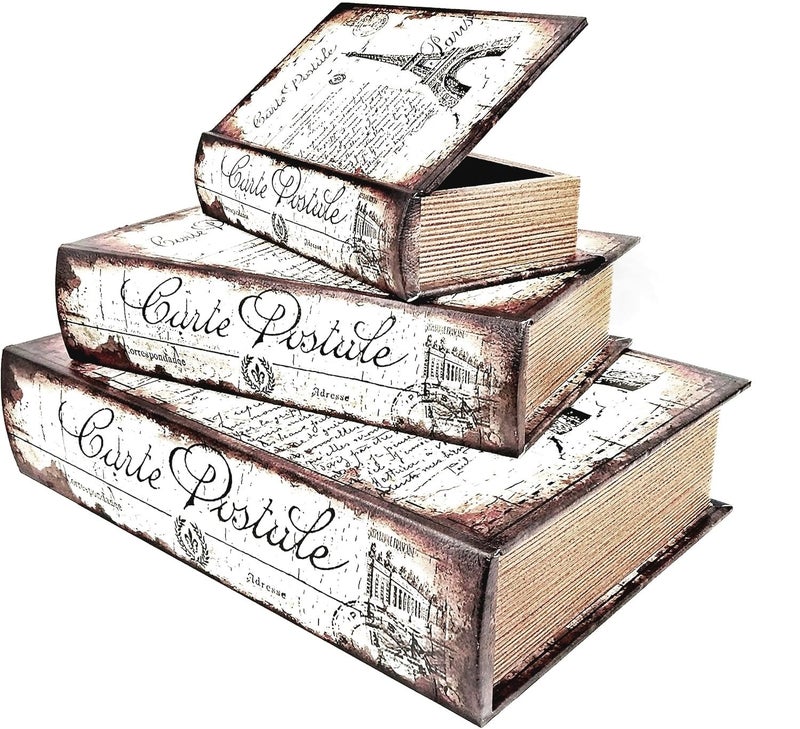 Bellaa 28069 Decorative Book Box Gift Set of 3 Paris Eiffel Tower Vintage Hidden Invisible Secret Storage Heavy Bookends Bookshelves Support End Magnetic Cover Stash Designed Wood Flux Leather - Image 4